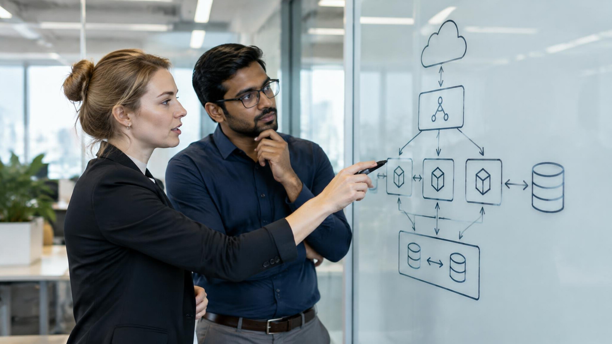 Professionals discussing a software architecture diagram