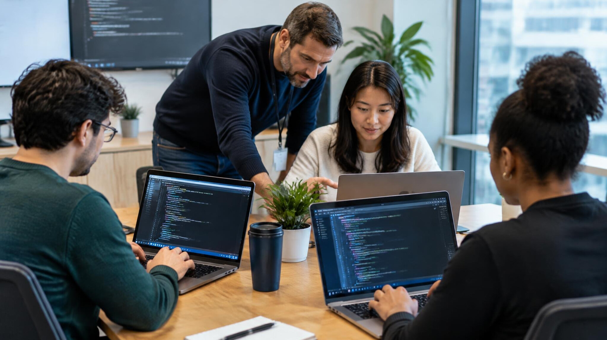 Trainer assisting employees during a coding workshop