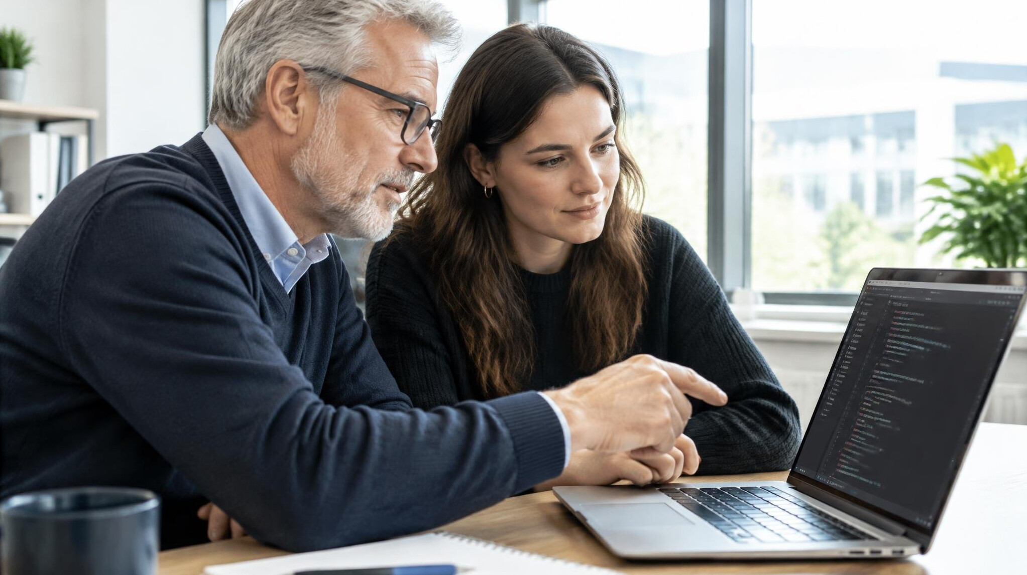 Senior mentor and employee reviewing code together