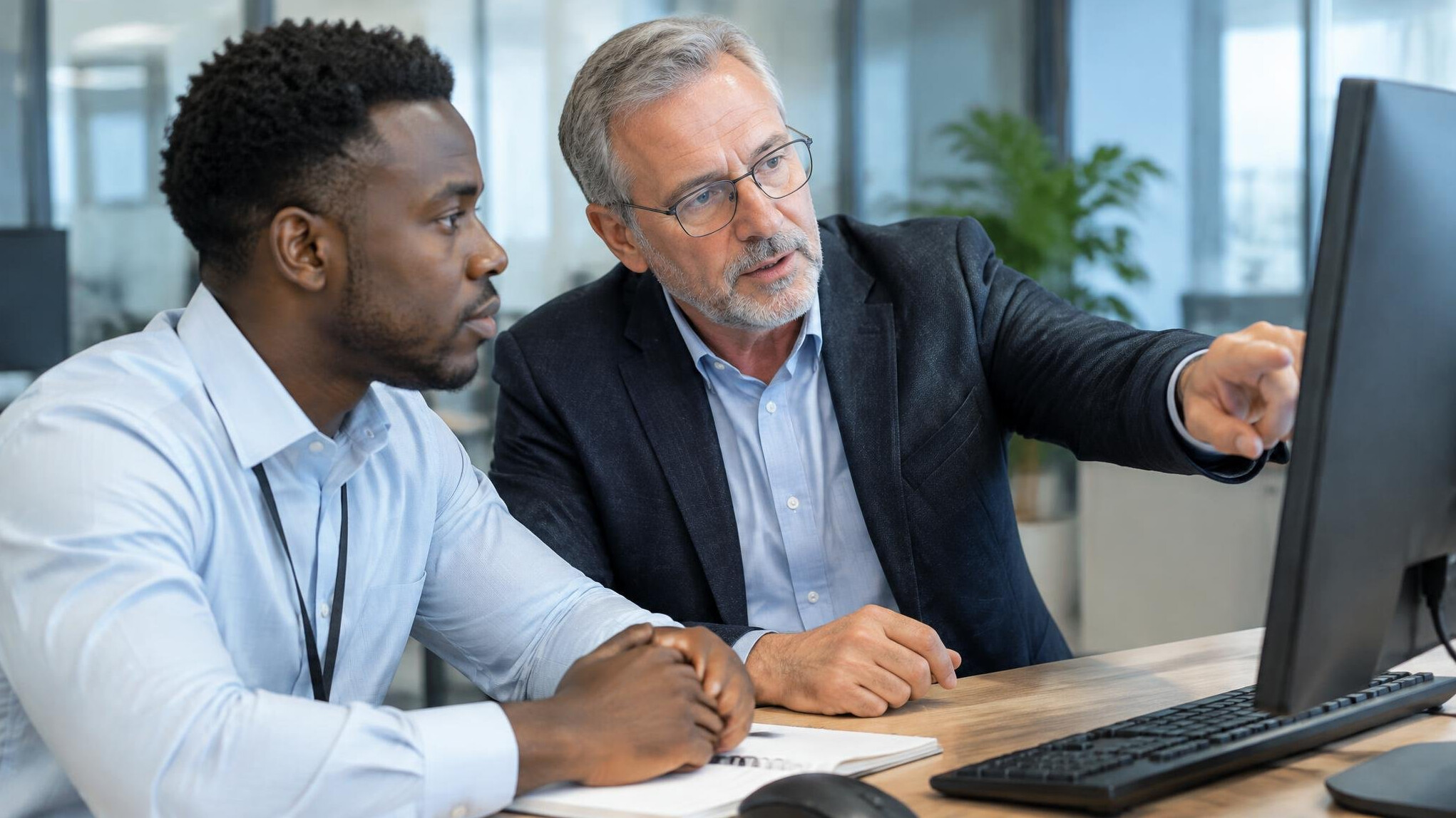 Mentor guiding an employee at a computer
