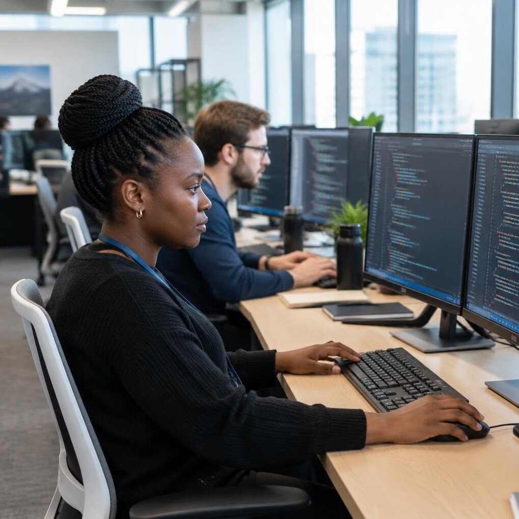Employees working at desks with multiple monitors